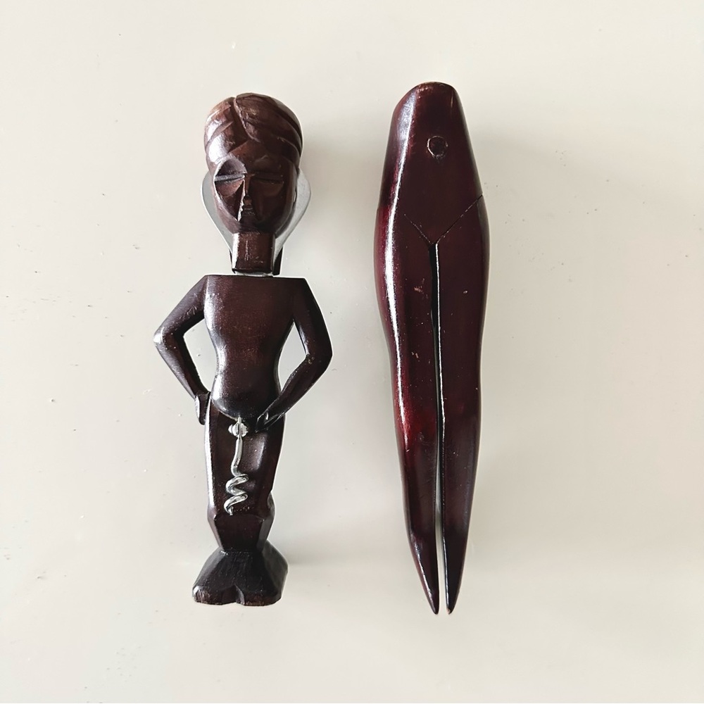 Carved Wood Whimsical Figural Corkscrew and Nutcracker